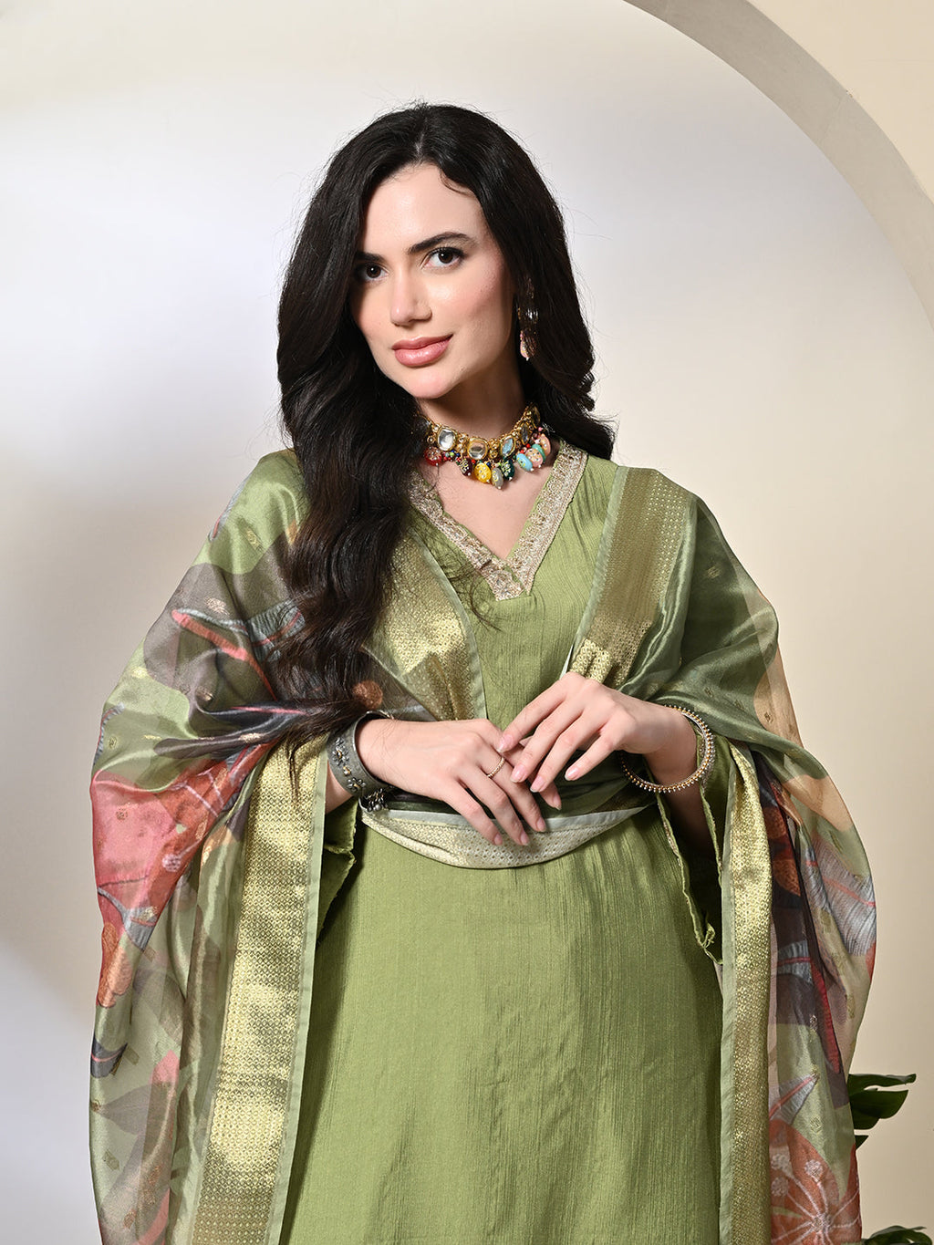 Myshka Women's Embroidered V-Neck Bell Sleeves Kurta & Salwar With Printed Dupatta Sets in Green Color | Grocsy
