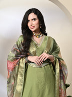 Myshka Women's Embroidered V-Neck Bell Sleeves Kurta & Salwar With Printed Dupatta Sets in Green Color | Grocsy