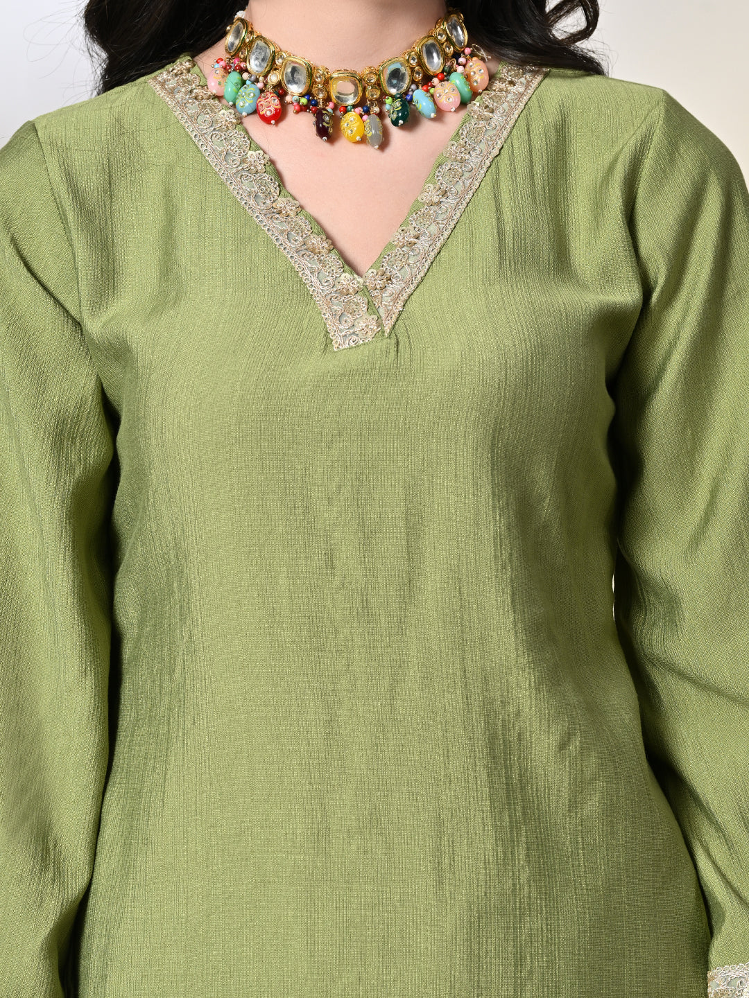 Myshka Women's Embroidered V-Neck Bell Sleeves Kurta & Salwar With Printed Dupatta Sets in Green Color | Grocsy