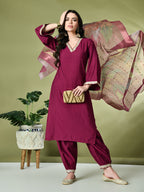 Myshka Women's Embroidered V-Neck Bell Sleeves Kurta & Salwar With Printed Dupatta Sets in Magenta Color | Grocsy