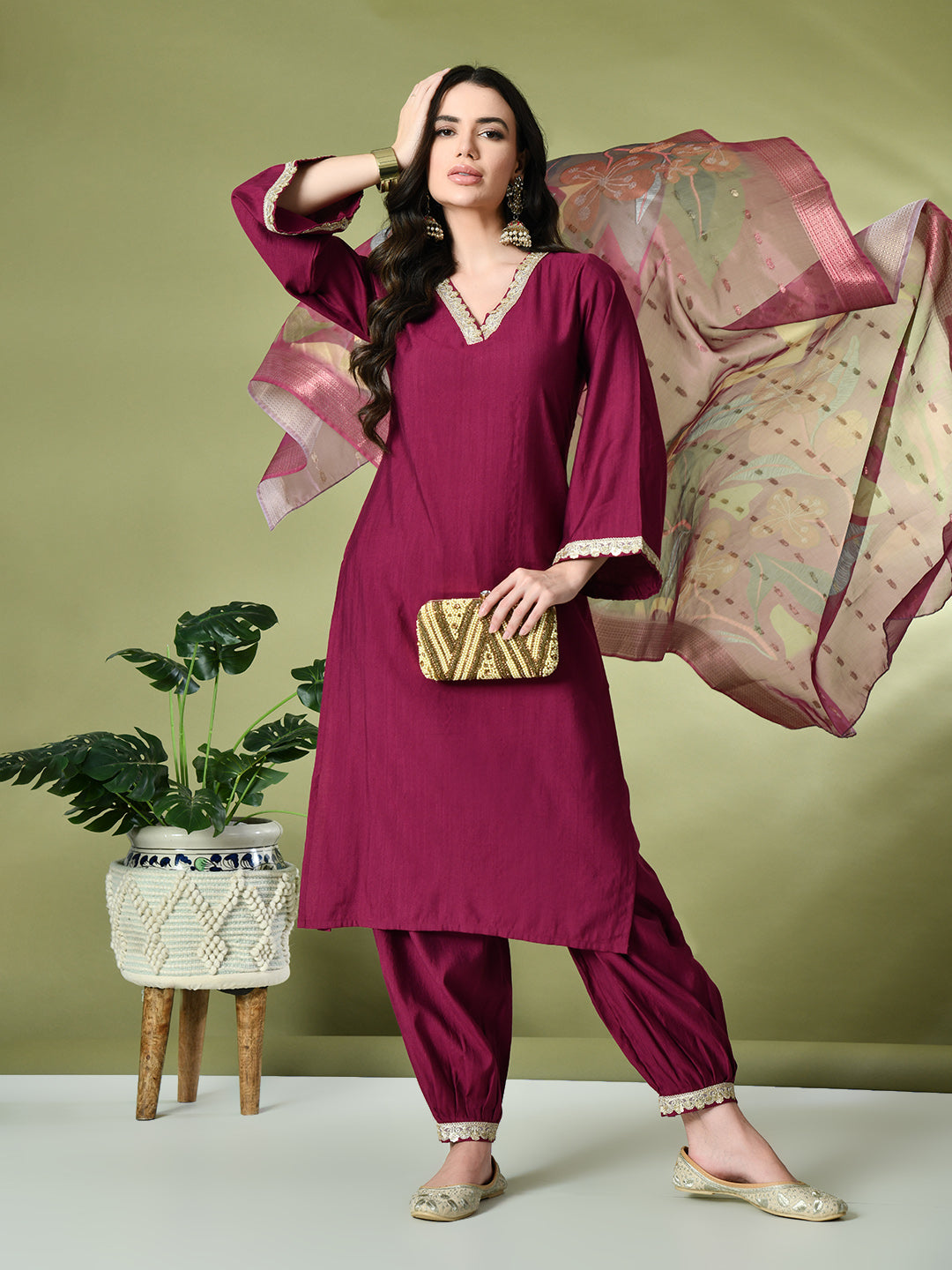 Myshka Women's Embroidered V-Neck Bell Sleeves Kurta & Salwar With Printed Dupatta Sets in Magenta Color | Grocsy