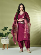 Myshka Women's Embroidered V-Neck Bell Sleeves Kurta & Salwar With Printed Dupatta Sets in Magenta Color | Grocsy