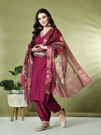 Myshka Women's Embroidered V-Neck Bell Sleeves Kurta & Salwar With Printed Dupatta Sets in Magenta Color | Grocsy