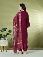 Myshka Women's Embroidered V-Neck Bell Sleeves Kurta & Salwar With Printed Dupatta Sets in Magenta Color | Grocsy