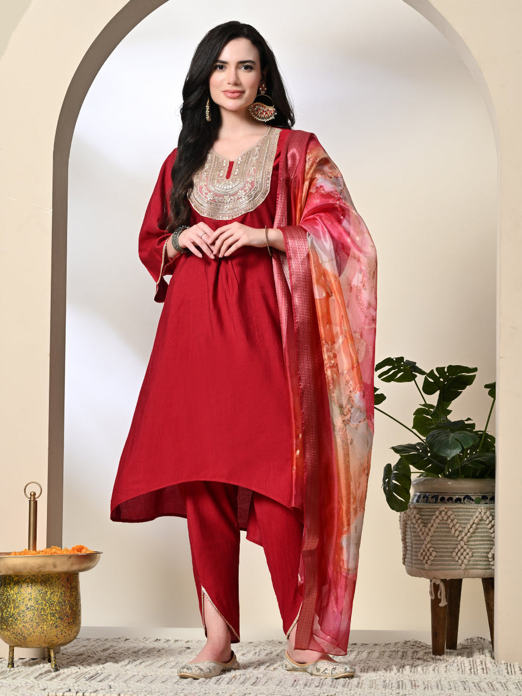 Myshka Women's Embroidered V-Neck Bell Sleeves Kurta & Dhoti Pants With Printed Dupatta Sets in Red Color | Grocsy