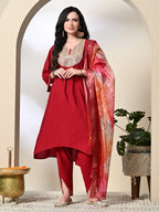 Myshka Women's Embroidered V-Neck Bell Sleeves Kurta & Dhoti Pants With Printed Dupatta Sets in Red Color | Grocsy