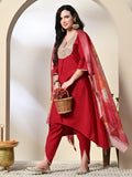 Myshka Women's Embroidered V-Neck Bell Sleeves Kurta & Dhoti Pants With Printed Dupatta Sets in Red Color | Grocsy