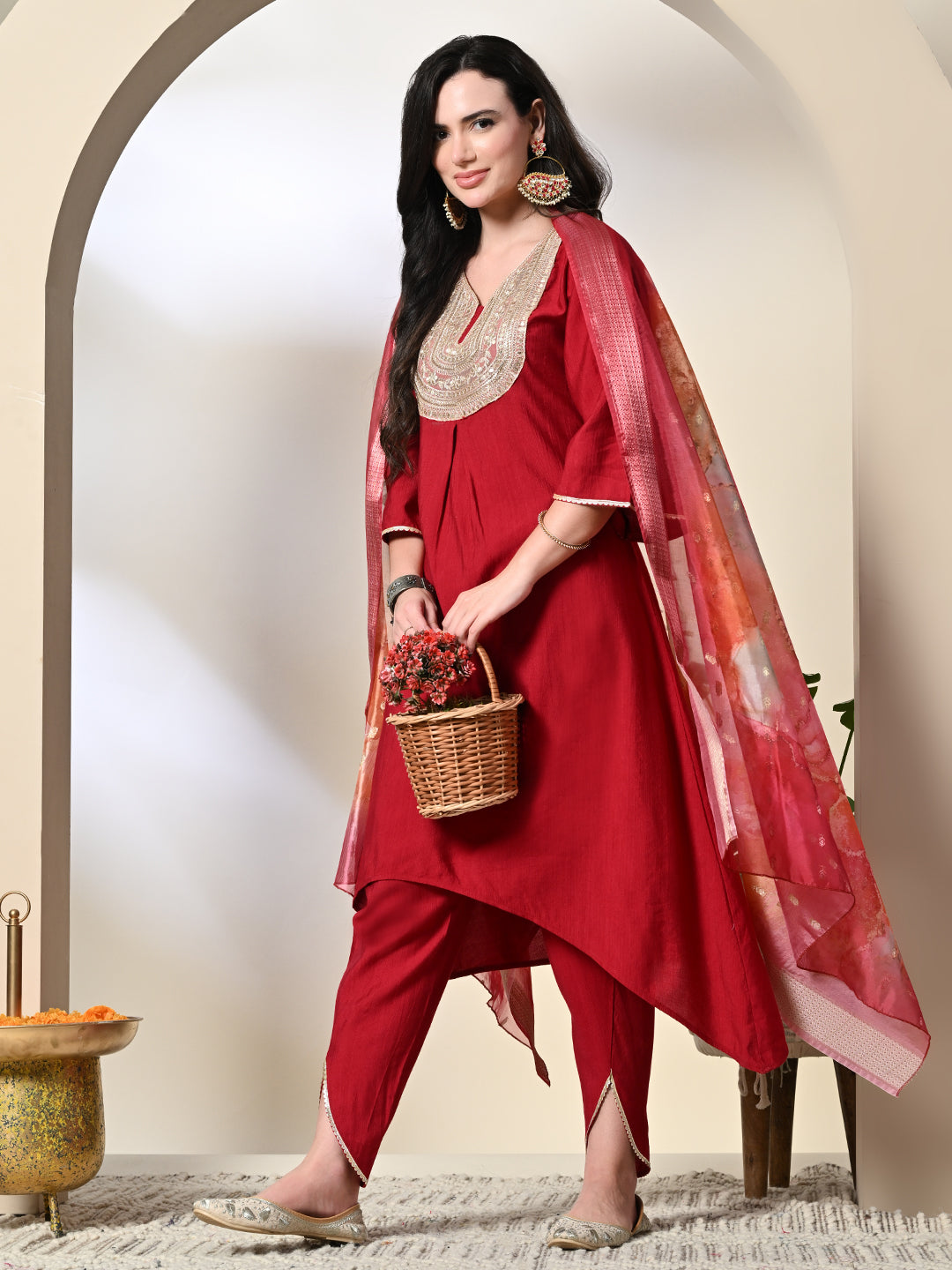 Myshka Women's Embroidered V-Neck Bell Sleeves Kurta & Dhoti Pants With Printed Dupatta Sets in Red Color | Grocsy