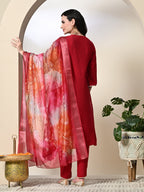 Myshka Women's Embroidered V-Neck Bell Sleeves Kurta & Dhoti Pants With Printed Dupatta Sets in Red Color | Grocsy