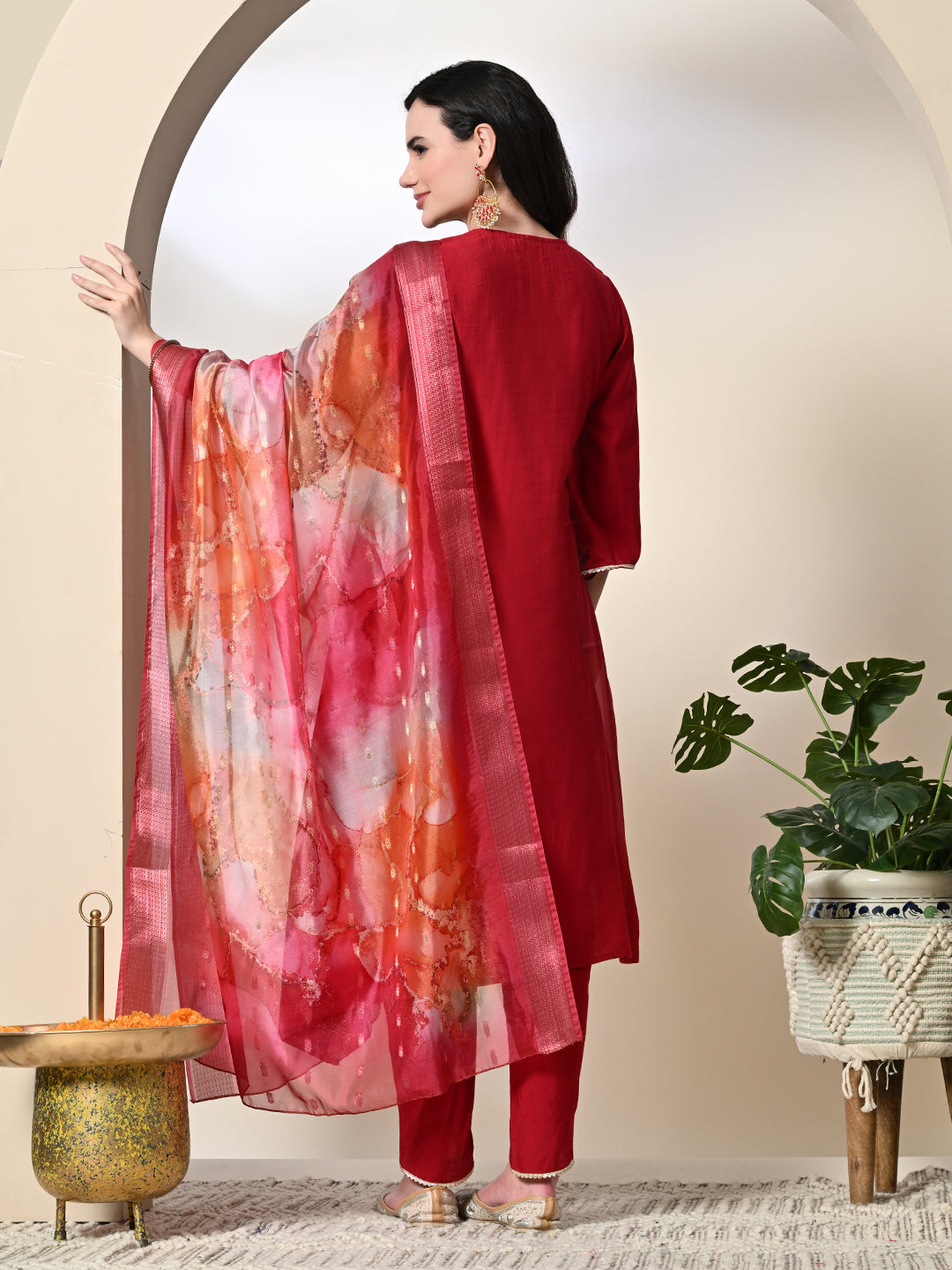 Myshka Women's Embroidered V-Neck Bell Sleeves Kurta & Dhoti Pants With Printed Dupatta Sets in Red Color | Grocsy