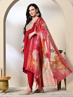 Myshka Women's Embroidered V-Neck Bell Sleeves Kurta & Dhoti Pants With Printed Dupatta Sets in Red Color | Grocsy