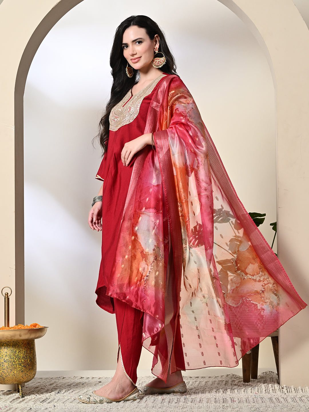 Myshka Women's Embroidered V-Neck Bell Sleeves Kurta & Dhoti Pants With Printed Dupatta Sets in Red Color | Grocsy