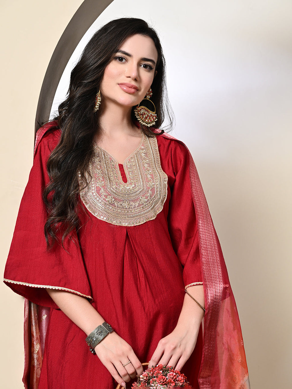 Myshka Women's Embroidered V-Neck Bell Sleeves Kurta & Dhoti Pants With Printed Dupatta Sets in Red Color | Grocsy