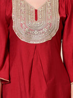 Myshka Women's Embroidered V-Neck Bell Sleeves Kurta & Dhoti Pants With Printed Dupatta Sets in Red Color | Grocsy