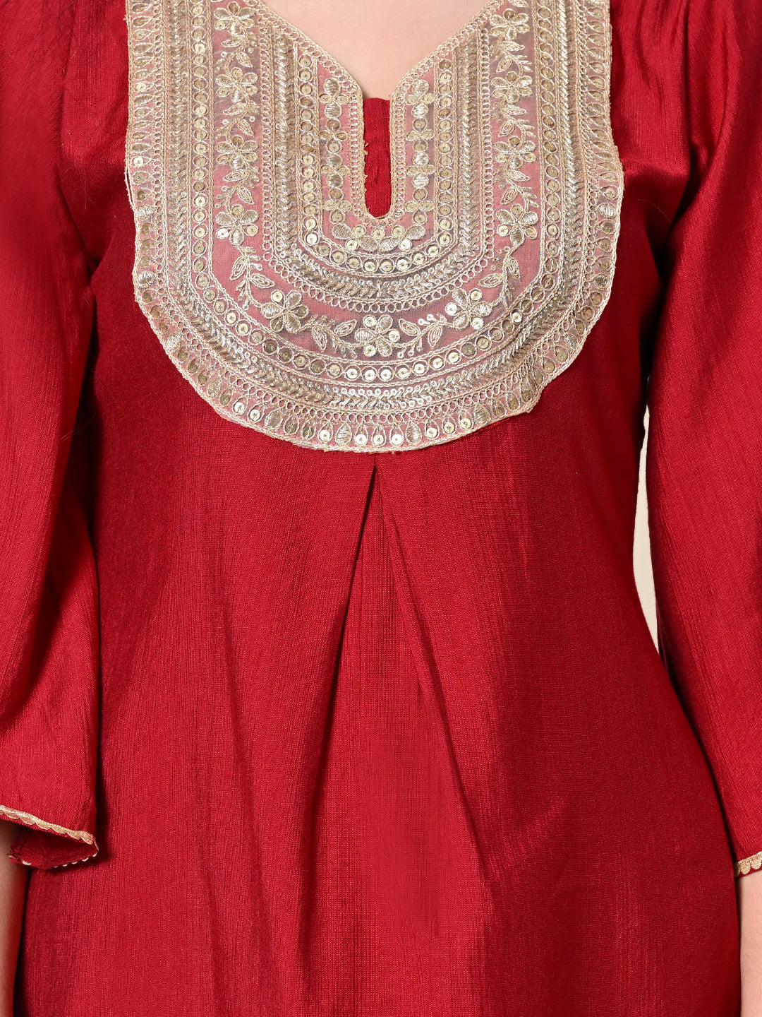 Myshka Women's Embroidered V-Neck Bell Sleeves Kurta & Dhoti Pants With Printed Dupatta Sets in Red Color | Grocsy