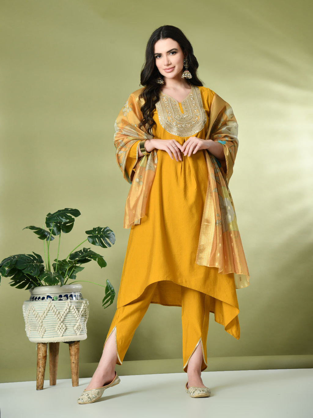 Myshka Women's Embroidered V-Neck Bell Sleeves Kurta & Dhoti Pants With Printed Dupatta Sets in Mustard Color | Grocsy