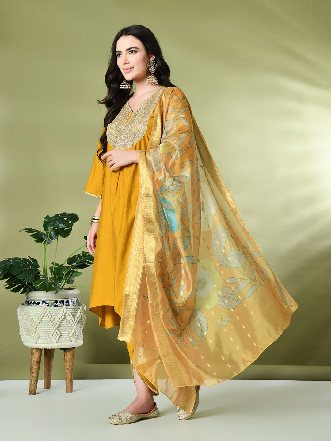 Myshka Women's Embroidered V-Neck Bell Sleeves Kurta & Dhoti Pants With Printed Dupatta Sets in Mustard Color | Grocsy