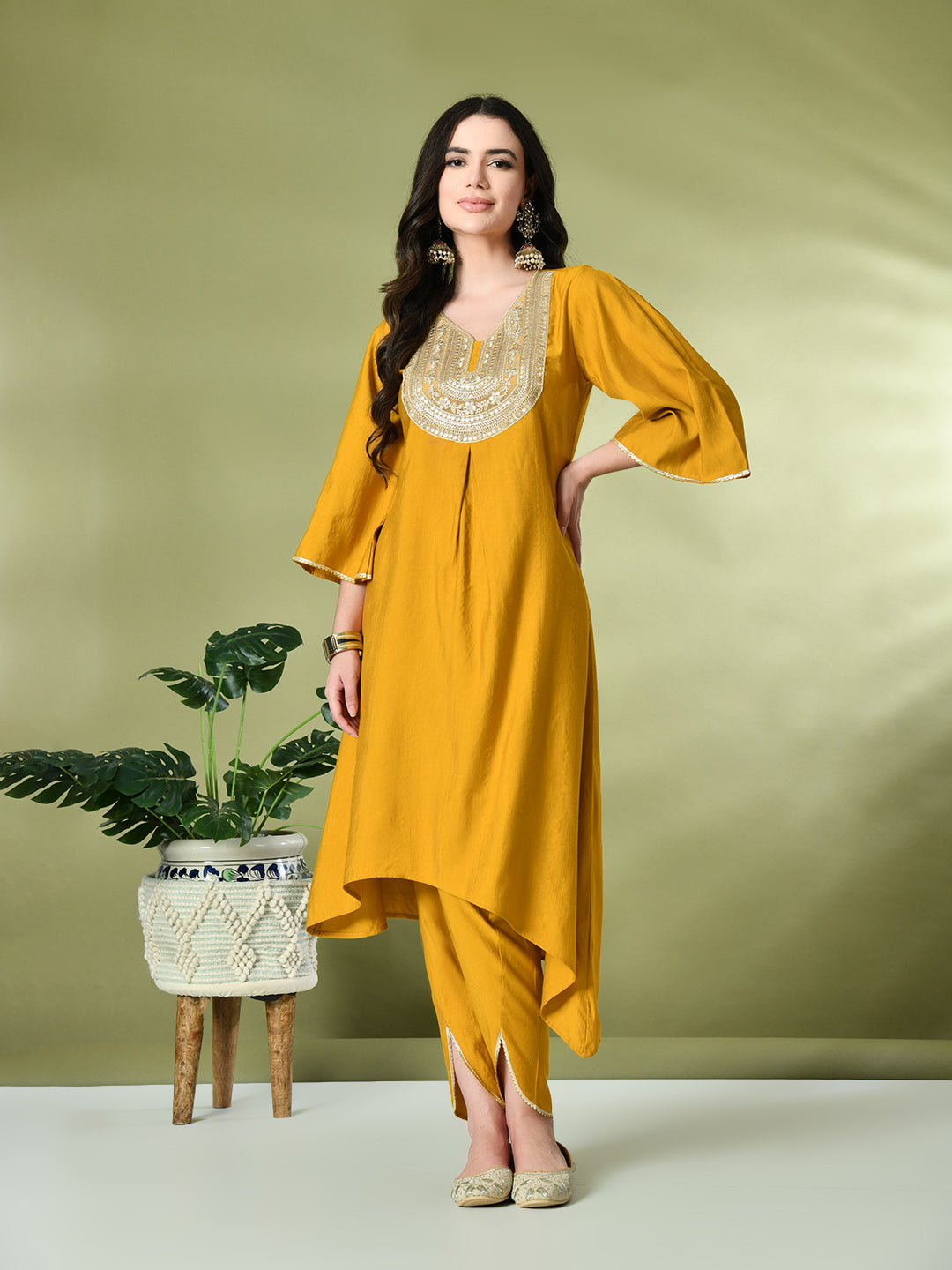 Myshka Women's Embroidered V-Neck Bell Sleeves Kurta & Dhoti Pants With Printed Dupatta Sets in Mustard Color | Grocsy