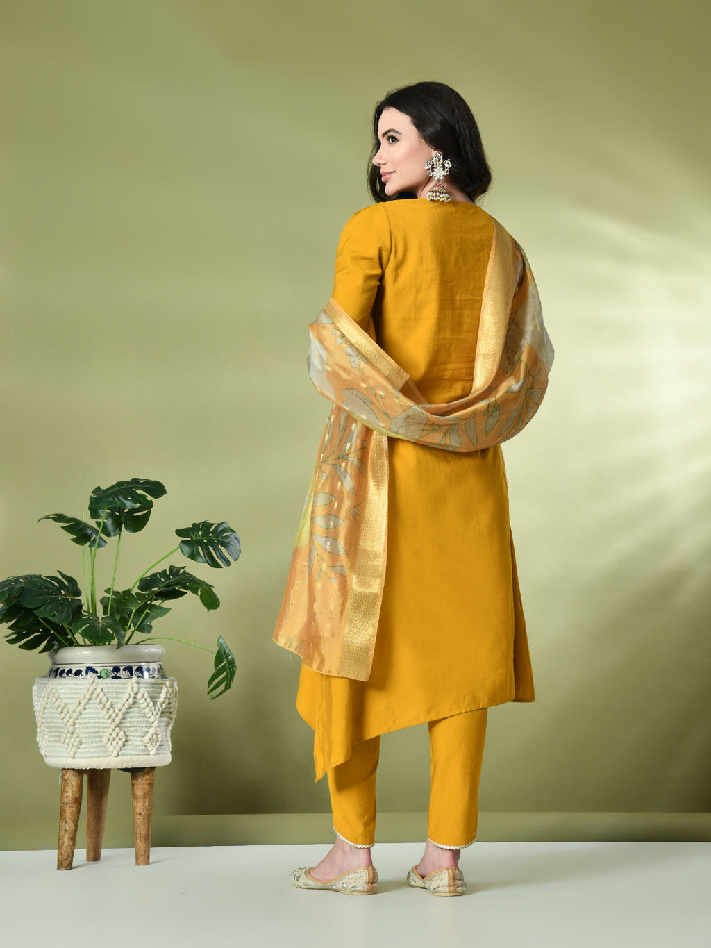 Myshka Women's Embroidered V-Neck Bell Sleeves Kurta & Dhoti Pants With Printed Dupatta Sets in Mustard Color | Grocsy