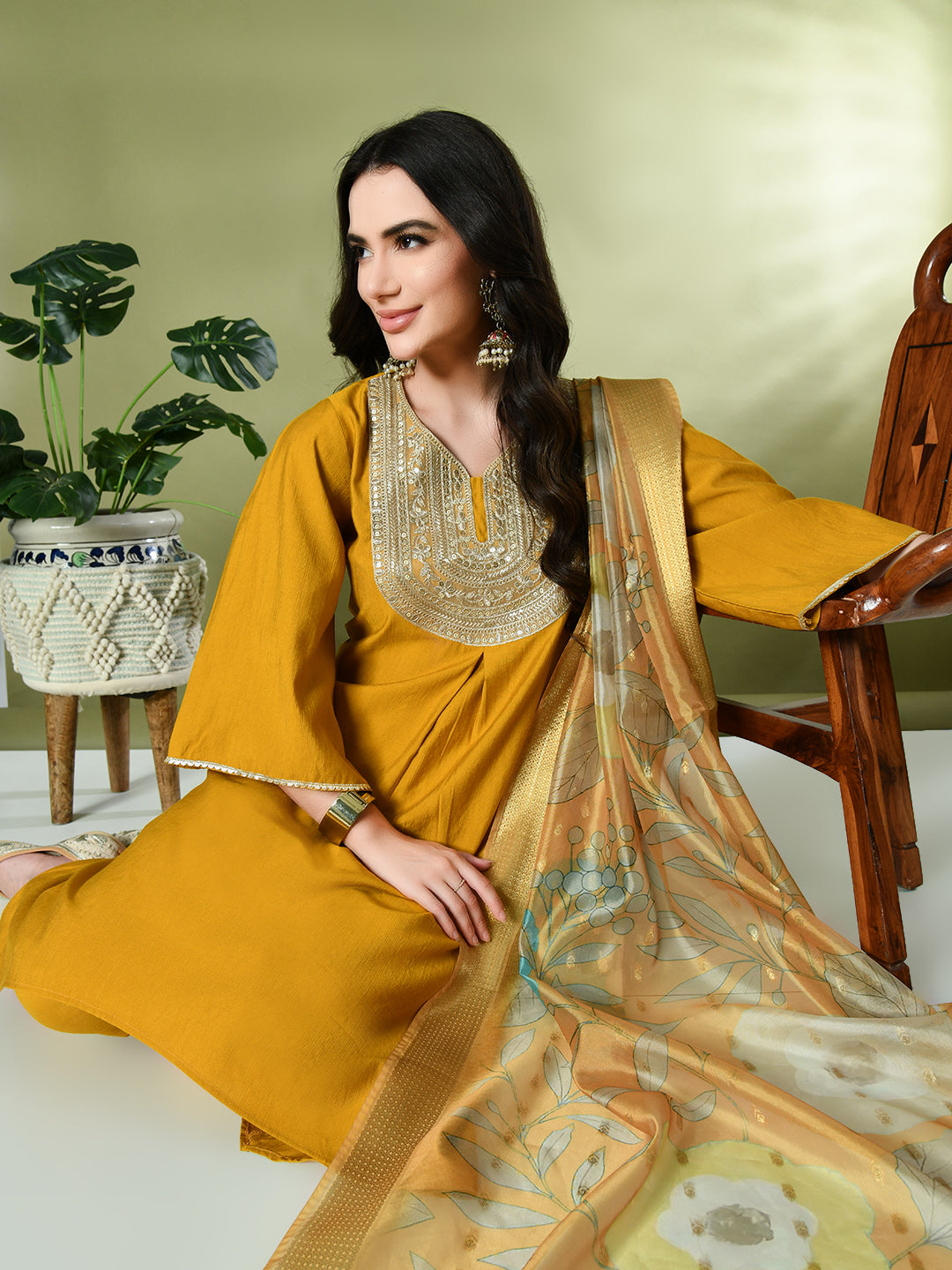 Myshka Women's Embroidered V-Neck Bell Sleeves Kurta & Dhoti Pants With Printed Dupatta Sets in Mustard Color | Grocsy