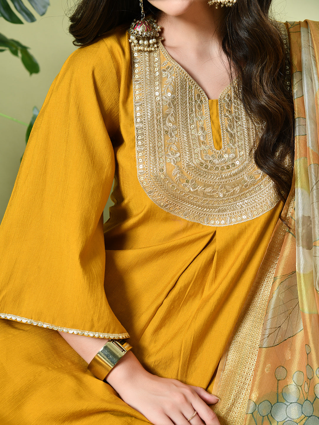Myshka Women's Embroidered V-Neck Bell Sleeves Kurta & Dhoti Pants With Printed Dupatta Sets in Mustard Color | Grocsy