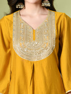 Myshka Women's Embroidered V-Neck Bell Sleeves Kurta & Dhoti Pants With Printed Dupatta Sets in Mustard Color | Grocsy