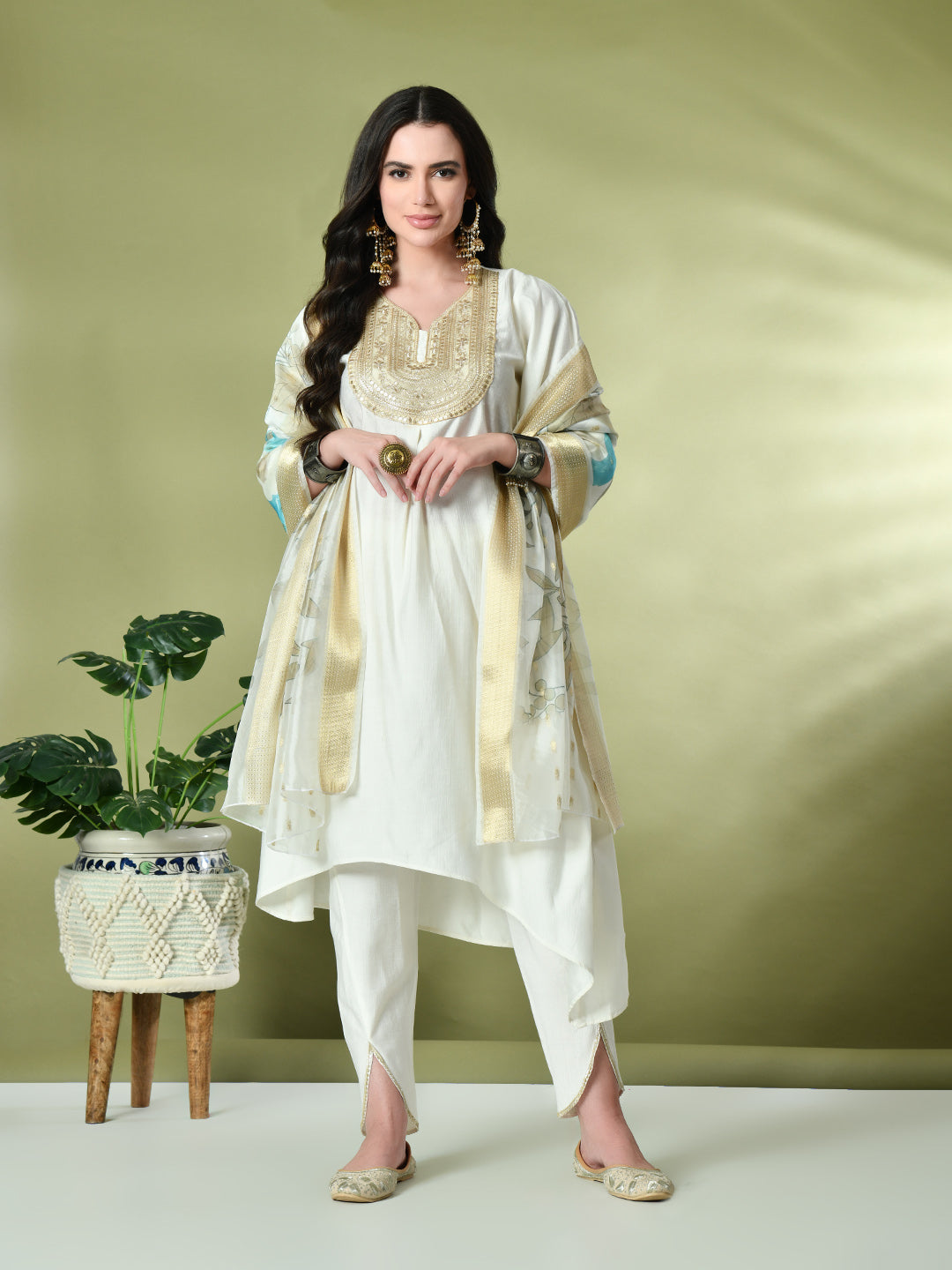 Myshka Women's Embroidered V-Neck Bell Sleeves Kurta & Dhoti Pants With Printed Dupatta Sets in White Color | Grocsy