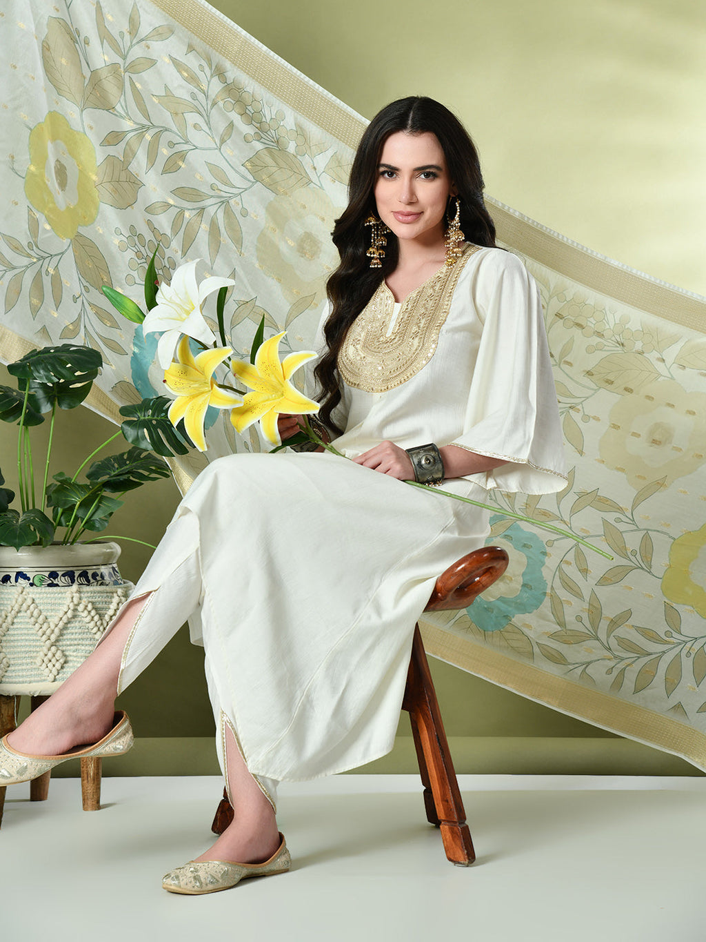 Myshka Women's Embroidered V-Neck Bell Sleeves Kurta & Dhoti Pants With Printed Dupatta Sets in White Color | Grocsy