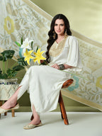 Myshka Women's Embroidered V-Neck Bell Sleeves Kurta & Dhoti Pants With Printed Dupatta Sets in White Color | Grocsy