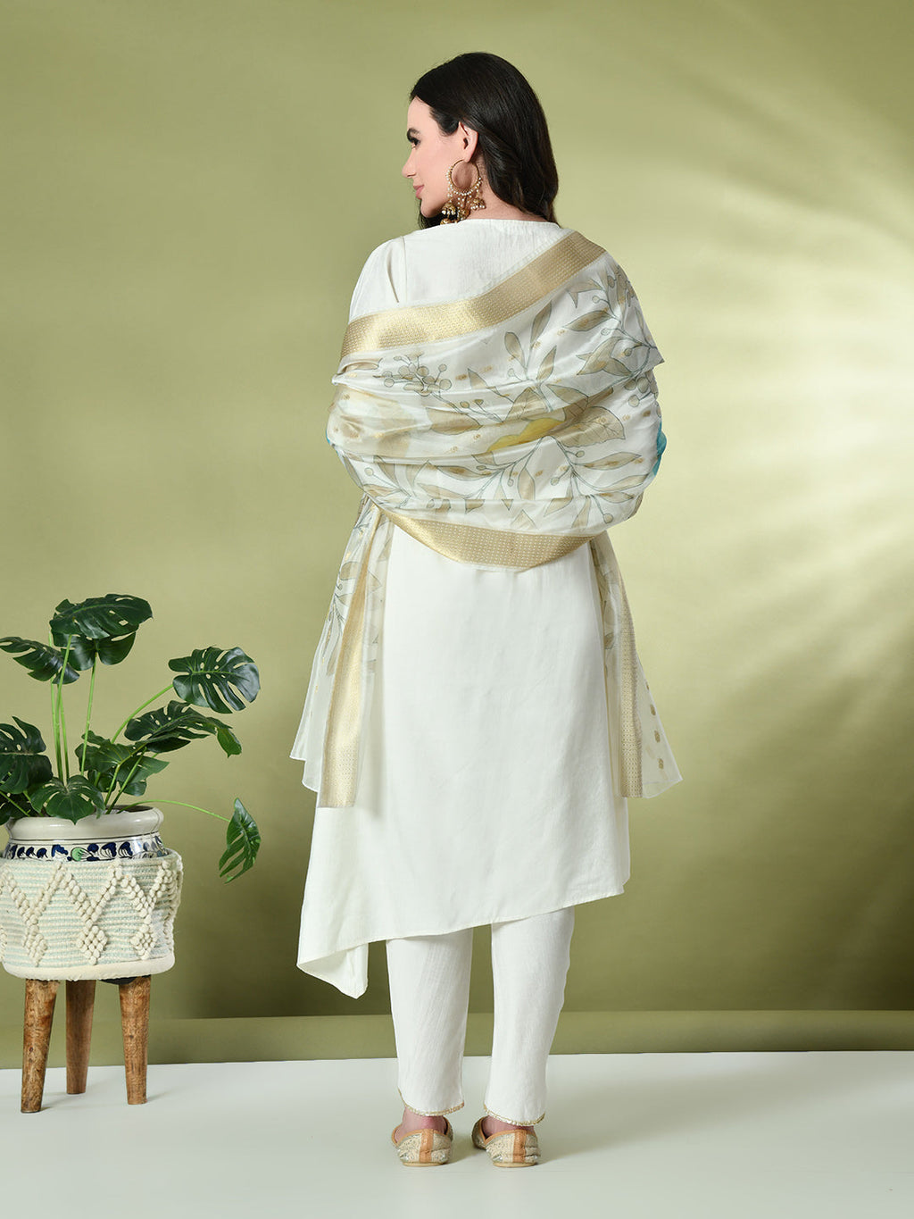 Myshka Women's Embroidered V-Neck Bell Sleeves Kurta & Dhoti Pants With Printed Dupatta Sets in White Color | Grocsy
