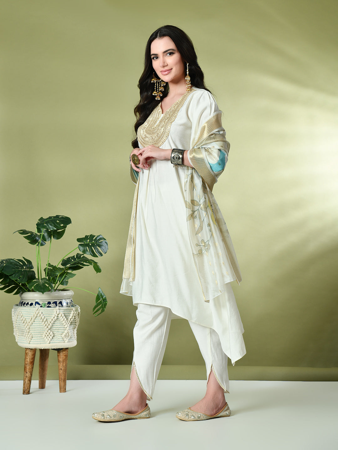 Myshka Women's Embroidered V-Neck Bell Sleeves Kurta & Dhoti Pants With Printed Dupatta Sets in White Color | Grocsy