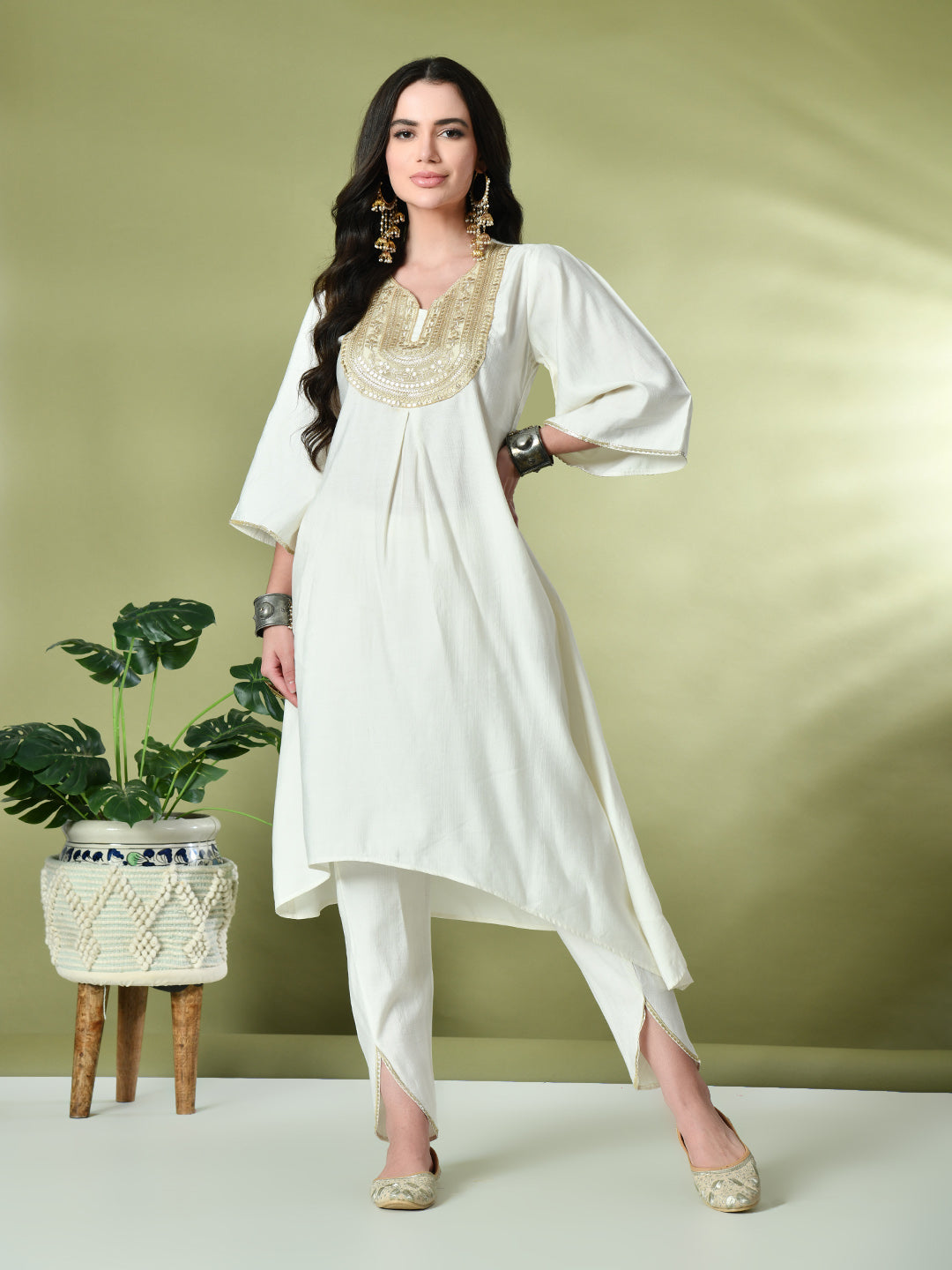 Myshka Women's Embroidered V-Neck Bell Sleeves Kurta & Dhoti Pants With Printed Dupatta Sets in White Color | Grocsy