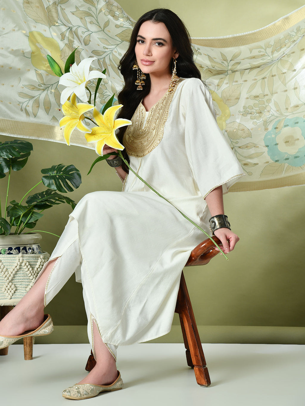 Myshka Women's Embroidered V-Neck Bell Sleeves Kurta & Dhoti Pants With Printed Dupatta Sets in White Color | Grocsy