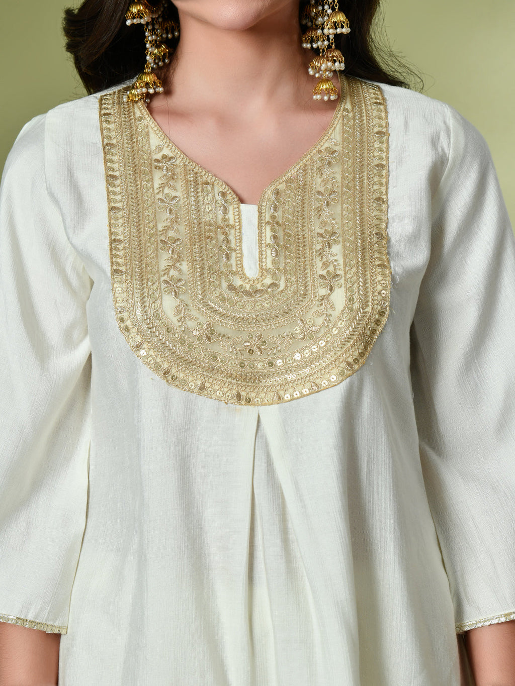 Myshka Women's Embroidered V-Neck Bell Sleeves Kurta & Dhoti Pants With Printed Dupatta Sets in White Color | Grocsy