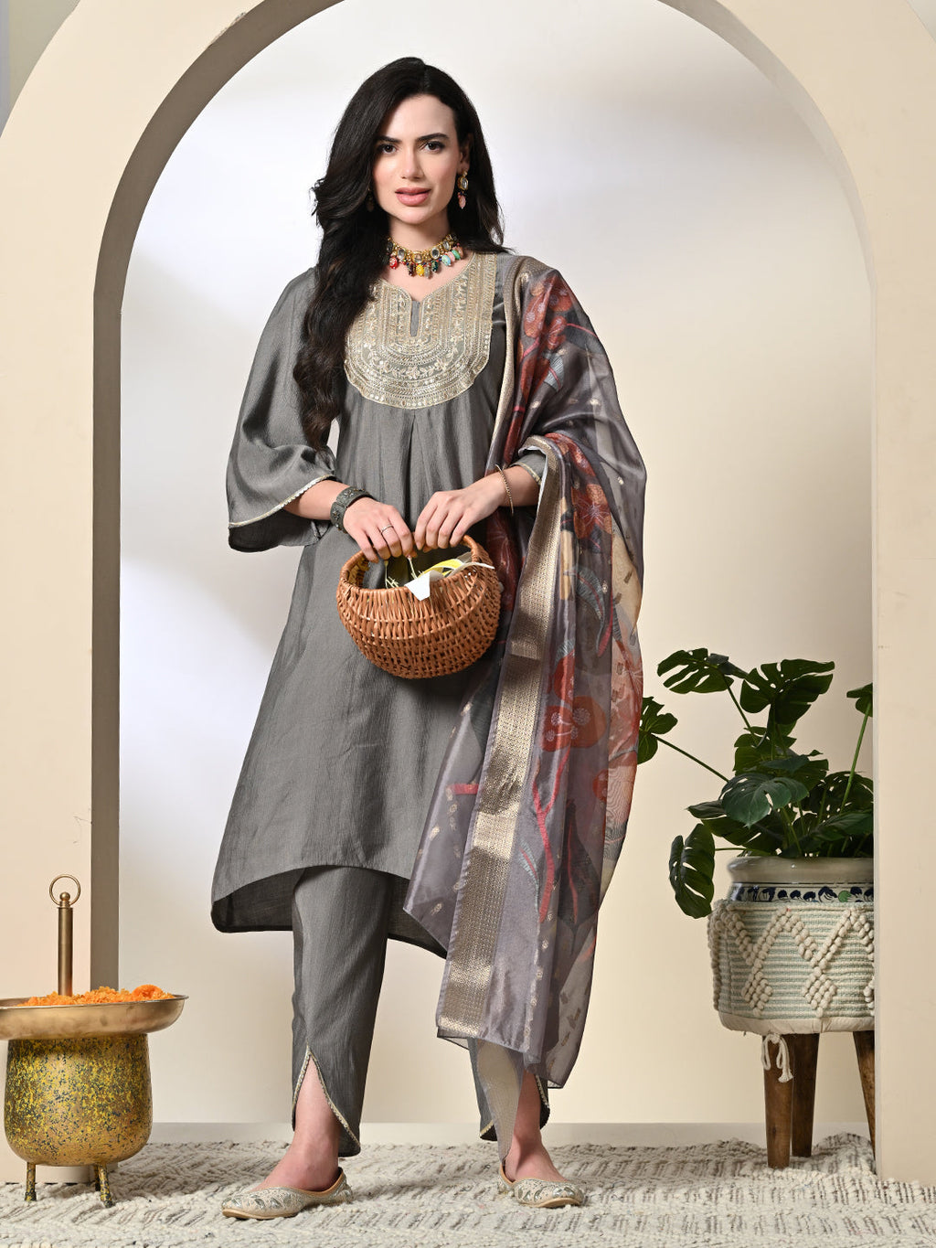 Myshka Women's Embroidered V-Neck Bell Sleeves Kurta & Dhoti Pants With Printed Dupatta Sets in Grey Color | Grocsy