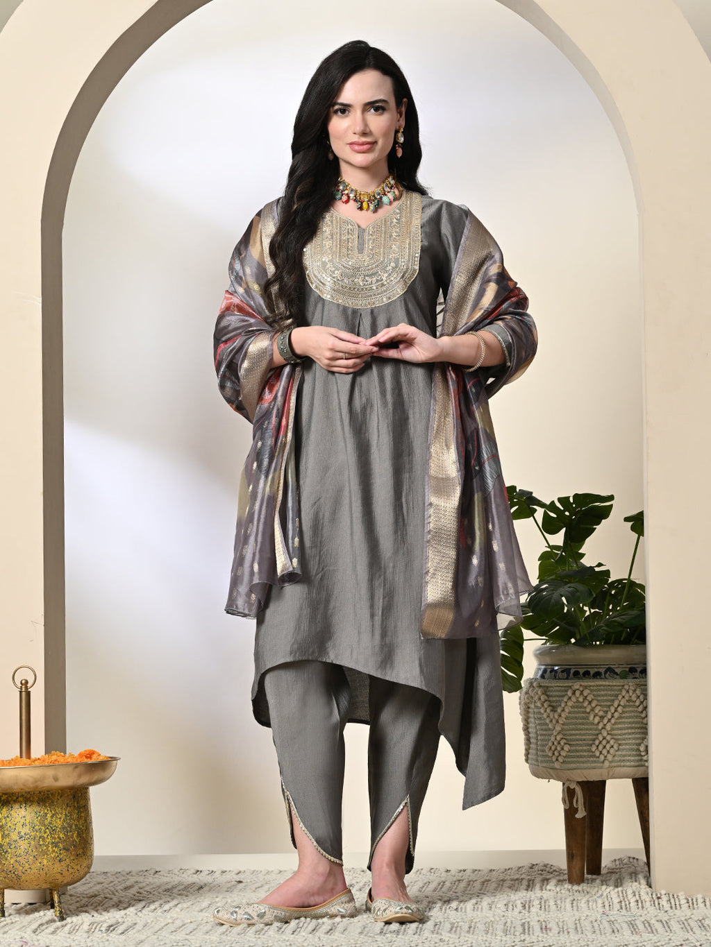 Myshka Women's Embroidered V-Neck Bell Sleeves Kurta & Dhoti Pants With Printed Dupatta Sets in Grey Color | Grocsy