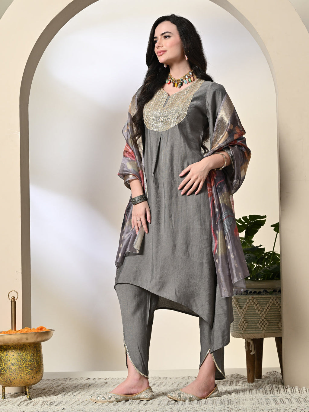 Myshka Women's Embroidered V-Neck Bell Sleeves Kurta & Dhoti Pants With Printed Dupatta Sets in Grey Color | Grocsy