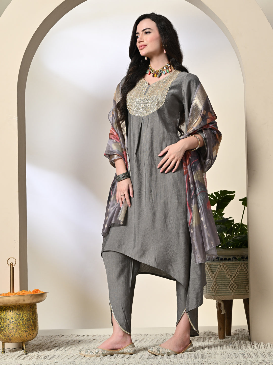 Myshka Women's Embroidered V-Neck Bell Sleeves Kurta & Dhoti Pants With Printed Dupatta Sets in Grey Color | Grocsy