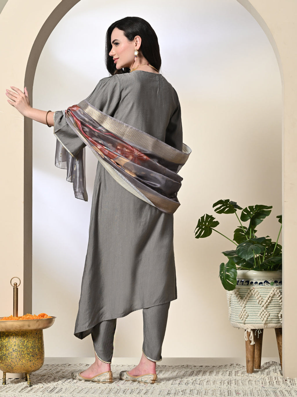 Myshka Women's Embroidered V-Neck Bell Sleeves Kurta & Dhoti Pants With Printed Dupatta Sets in Grey Color | Grocsy