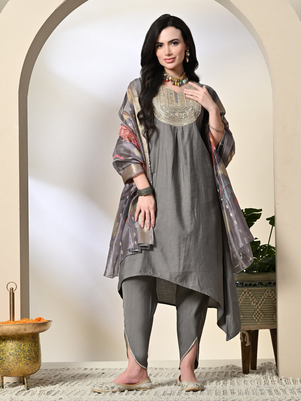 Myshka Women's Embroidered V-Neck Bell Sleeves Kurta & Dhoti Pants With Printed Dupatta Sets in Grey Color | Grocsy