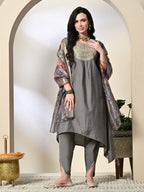 Myshka Women's Embroidered V-Neck Bell Sleeves Kurta & Dhoti Pants With Printed Dupatta Sets in Grey Color | Grocsy