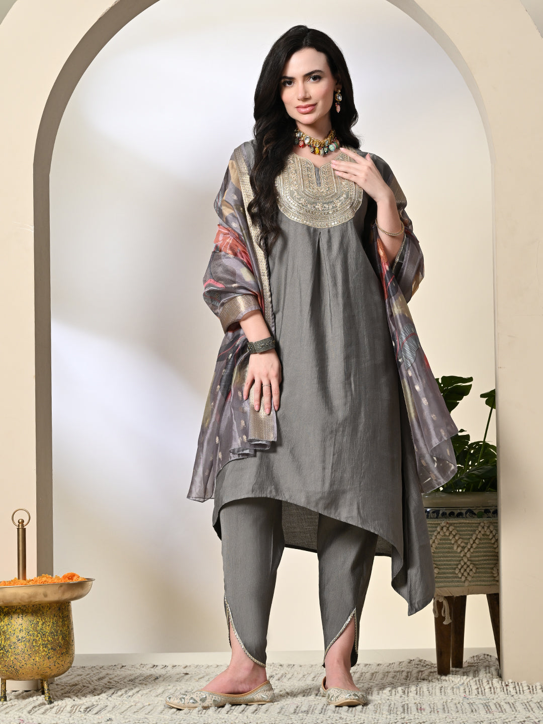 Myshka Women's Embroidered V-Neck Bell Sleeves Kurta & Dhoti Pants With Printed Dupatta Sets in Grey Color | Grocsy