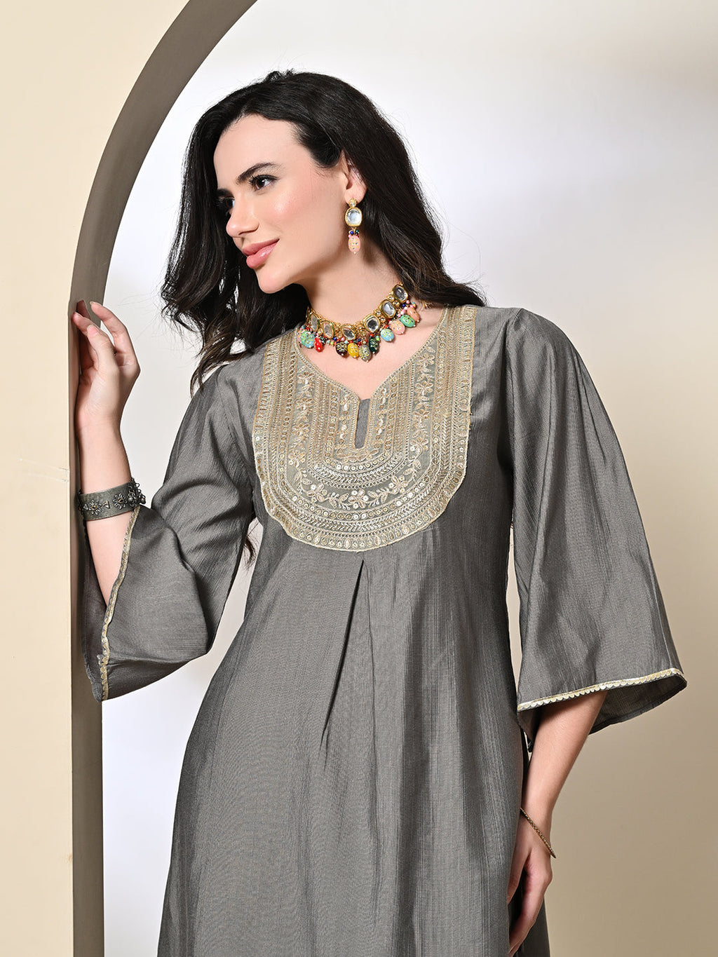 Myshka Women's Embroidered V-Neck Bell Sleeves Kurta & Dhoti Pants With Printed Dupatta Sets in Grey Color | Grocsy