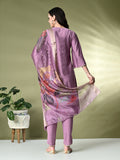 Myshka Women's Embroidered V-Neck Bell Sleeves Kurta & Dhoti Pants With Printed Dupatta Sets in Lavender Color | Grocsy