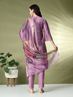 Myshka Women's Embroidered V-Neck Bell Sleeves Kurta & Dhoti Pants With Printed Dupatta Sets in Lavender Color | Grocsy