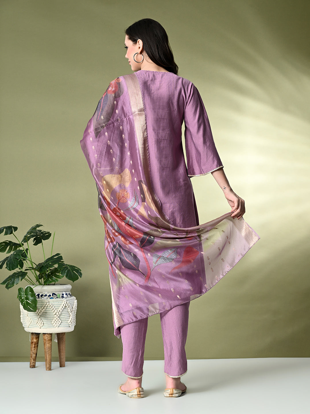 Myshka Women's Embroidered V-Neck Bell Sleeves Kurta & Dhoti Pants With Printed Dupatta Sets in Lavender Color | Grocsy