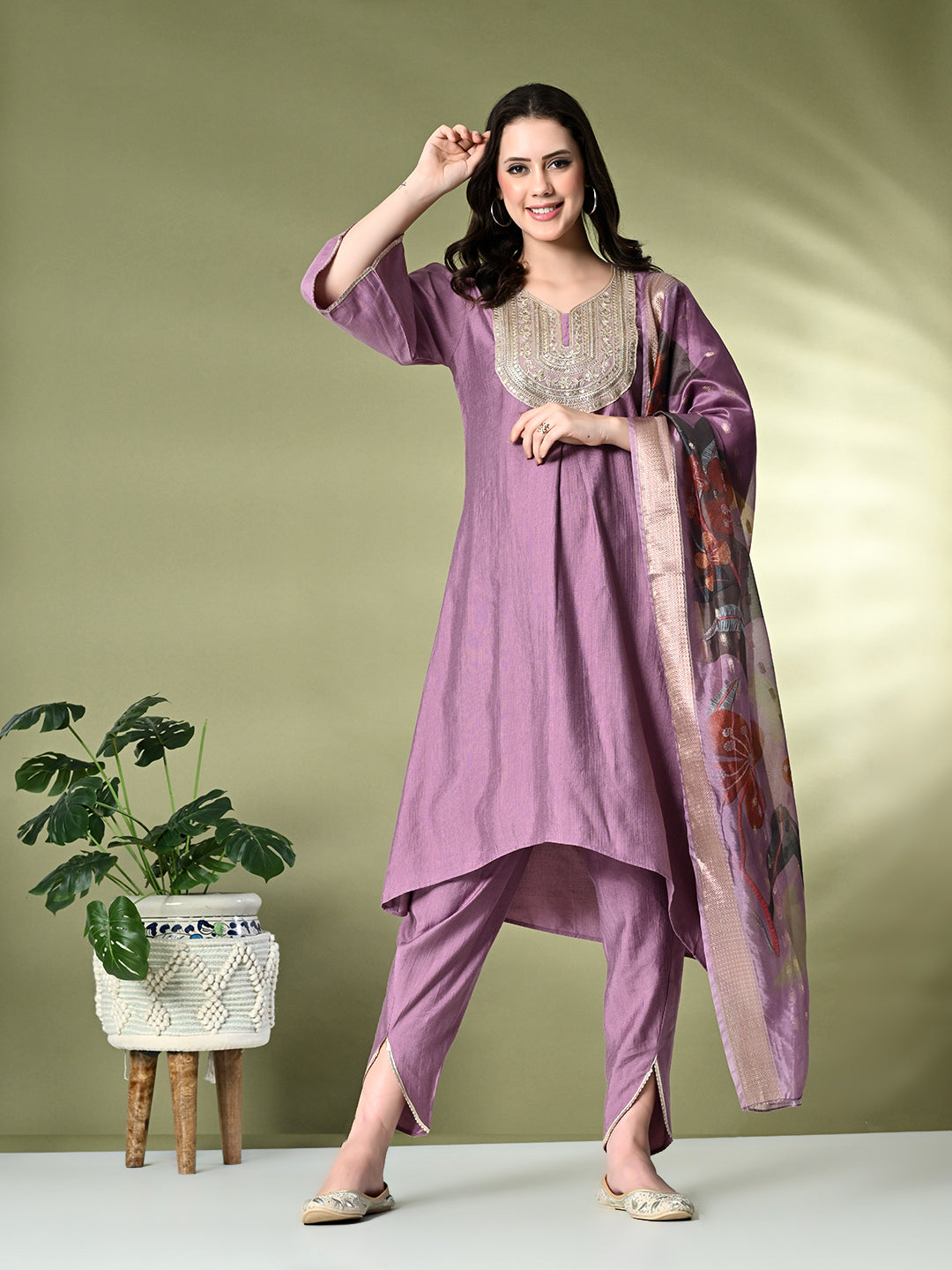 Myshka Women's Embroidered V-Neck Bell Sleeves Kurta & Dhoti Pants With Printed Dupatta Sets in Lavender Color | Grocsy
