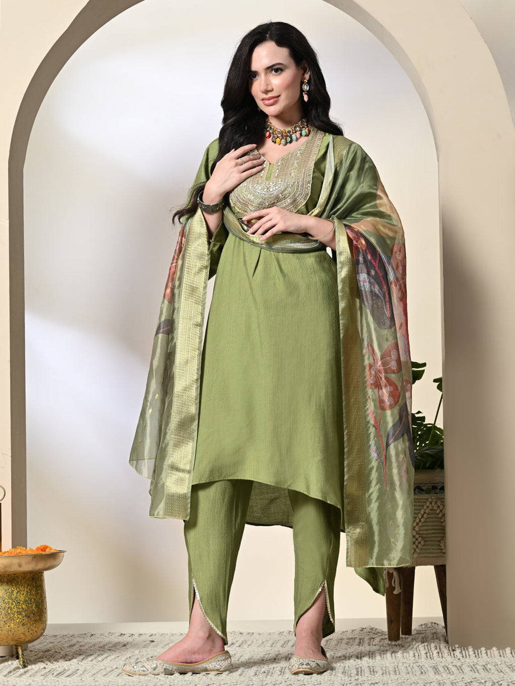Myshka Women's Embroidered V-Neck Bell Sleeves Kurta & Dhoti Pants With Printed Dupatta Sets in Green Color | Grocsy