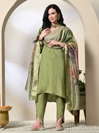 Myshka Women's Embroidered V-Neck Bell Sleeves Kurta & Dhoti Pants With Printed Dupatta Sets in Green Color | Grocsy