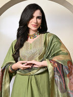 Myshka Women's Embroidered V-Neck Bell Sleeves Kurta & Dhoti Pants With Printed Dupatta Sets in Green Color | Grocsy